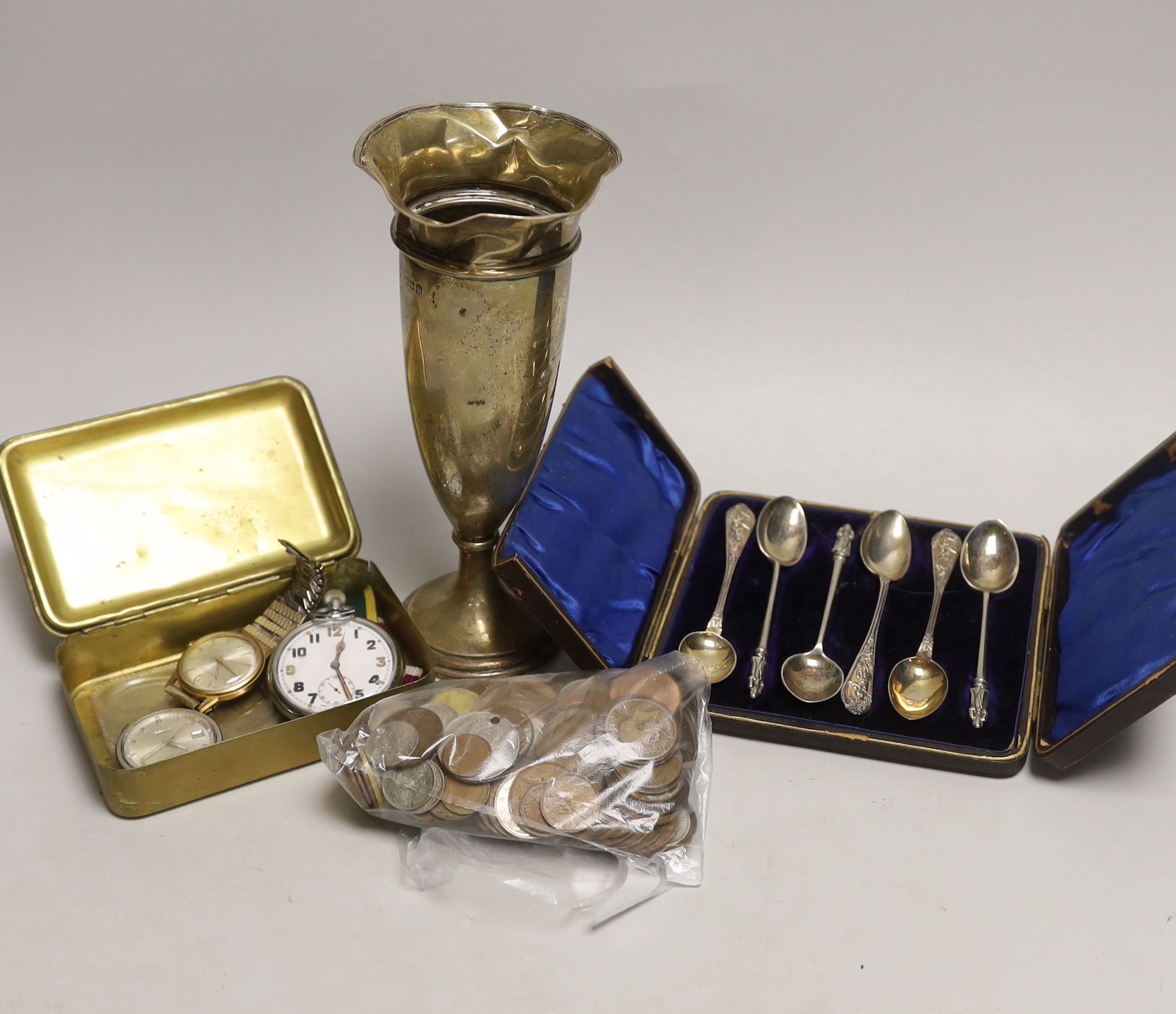 A Princess Mary 1914 Christmas tin, a defence medal, silver vase, coins and sundries